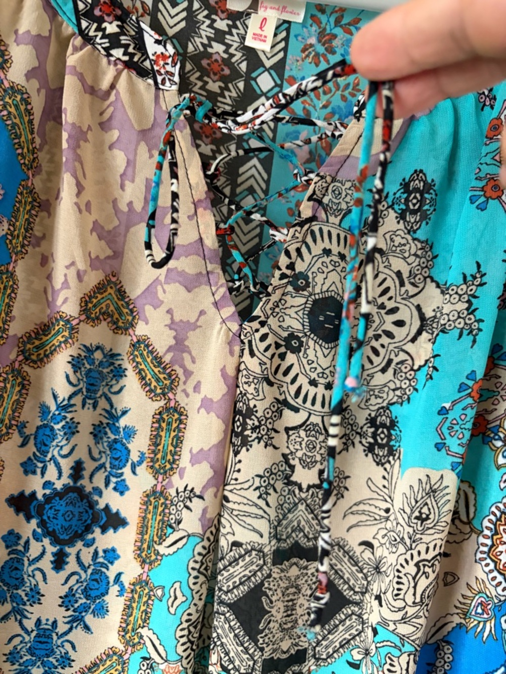 fig and flower Turquoise/Blue Printed Peasant‎ Semi Sheer Balloons Sleeve Blouse - Picture 3 of 9